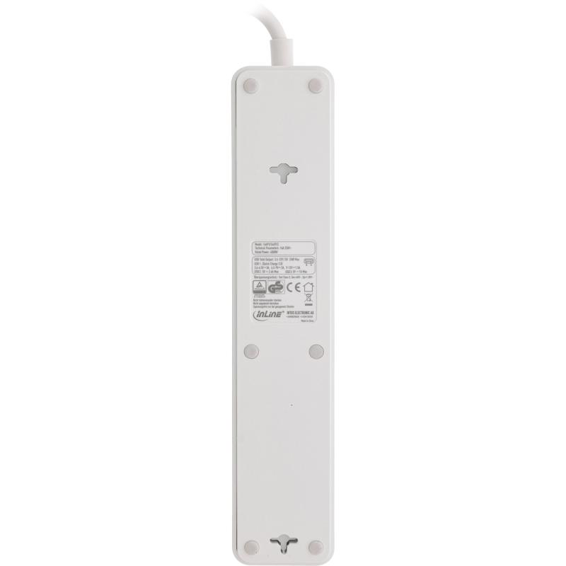 InLine® Steckdosenleiste 3-fach Schutzkontakt Überspannungsschutz und QuickCharge USB mit Schalter, 1,5m weiß