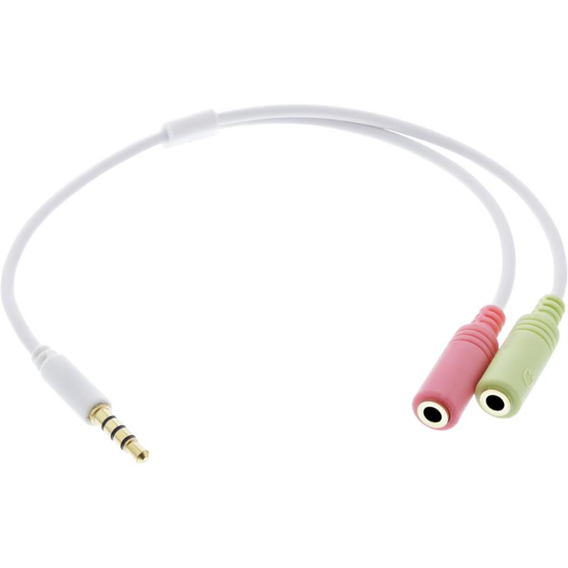 InLine® Audio Headset Adapterkabel 3,5mm Klinke Stecker 4pol. an 2x 3,5mm Klinke Buchse weiß 0,25m