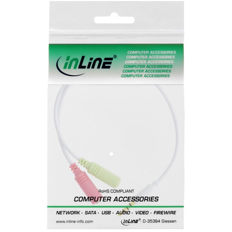 InLine® Audio Headset Adapterkabel 3,5mm Klinke Stecker 4pol. an 2x 3,5mm Klinke Buchse weiß 0,25m