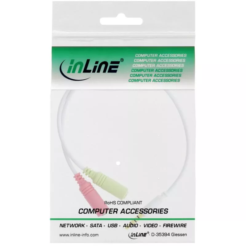 InLine® Audio Headset Adapterkabel 3,5mm Klinke Stecker 4pol. an 2x 3,5mm Klinke Buchse weiß 0,25m