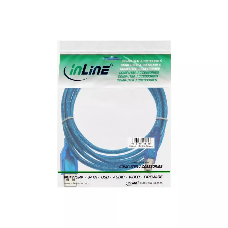 InLine® USB 2.0 Kabel A an B blau-transparent 3m