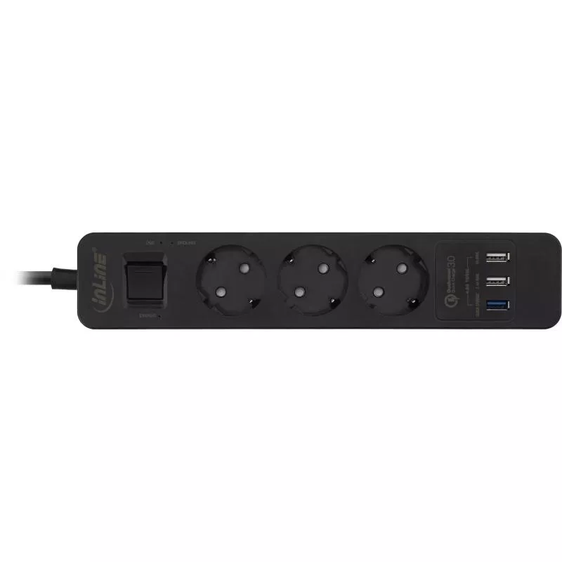 InLine Steckdosenleiste 3-fach Schutzkontakt Überspannungsschutz und QuickCharge USB mit Schalter 1,5m schwarz