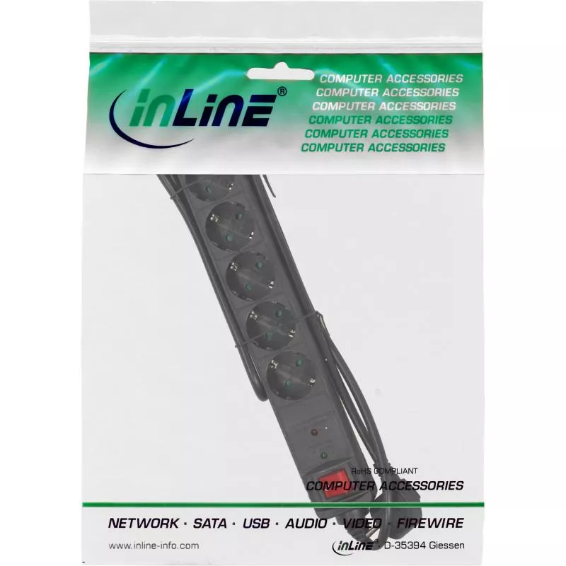 InLine® Steckdosenleiste 6-fach Schutzkontakt mit Überspannungsschutz mit Schalter 1,5m schwarz