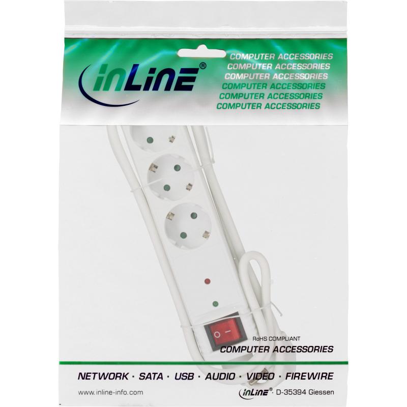 InLine® Steckdosenleiste 3-fach Schutzkontakt mit Überspannungsschutz mit Schalter 1,5m weiß
