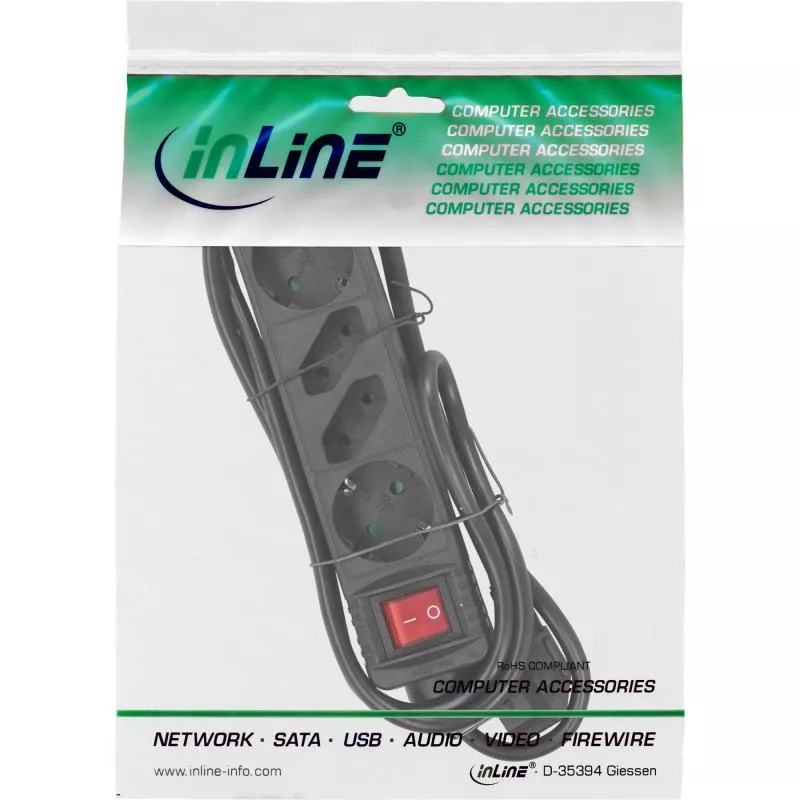 InLine® Steckdosenleiste 4-fach 2x Schutzkontakt + 2x Euro mit Schalter 5m schwarz