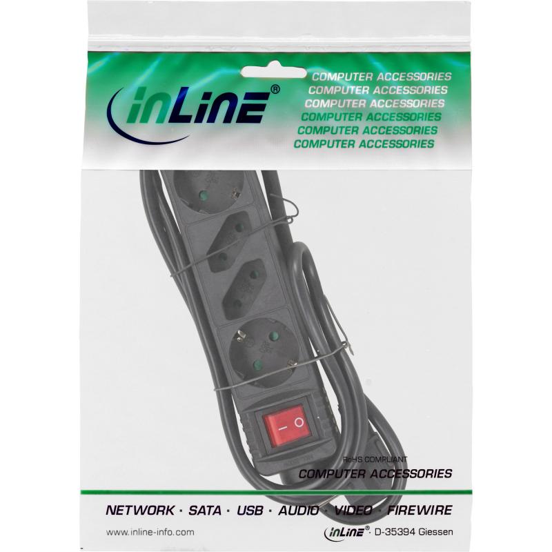 InLine® Steckdosenleiste 4-fach 2x Schutzkontakt + 2x Euro mit Schalter 3m schwarz