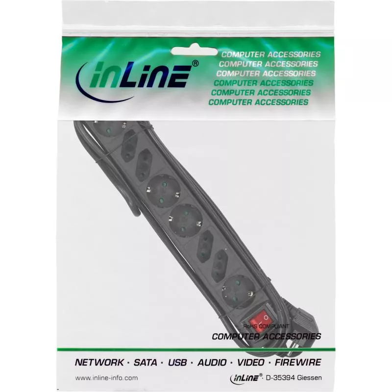 InLine® Steckdosenleiste 8-fach 4x Schutzkontakt + 4x Euro mit Schalter 1,5m schwarz