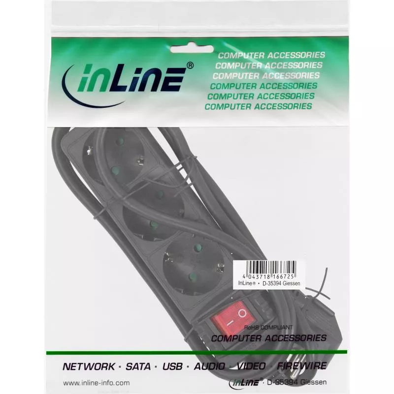 InLine® Steckdosenleiste 3-fach Schutzkontakt mit Schalter 1,5m schwarz