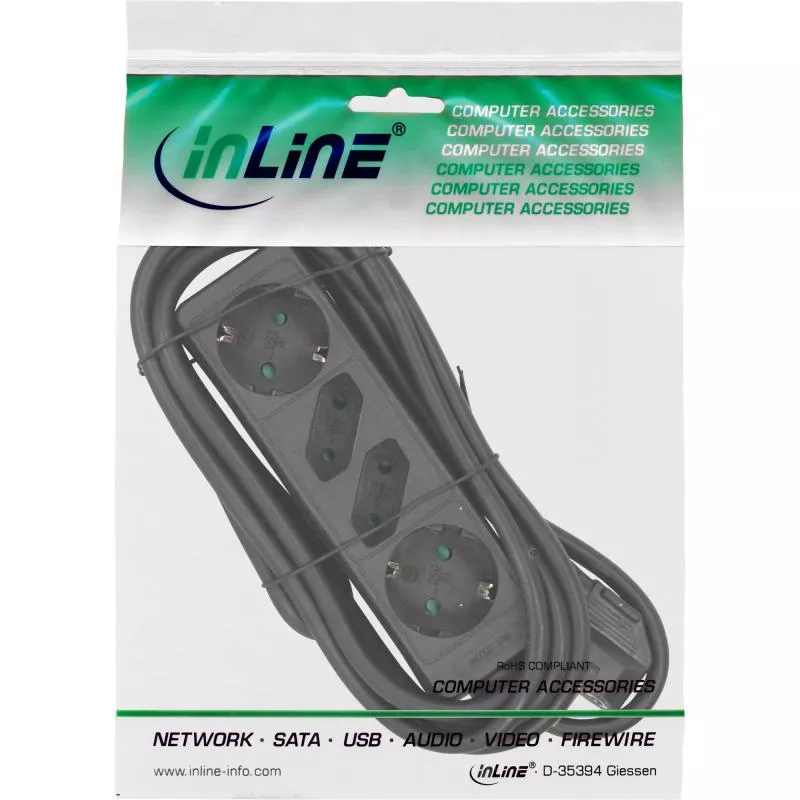 InLine® Steckdosenleiste 4-fach 2x Schutzkontakt + 2x Euro 5m schwarz