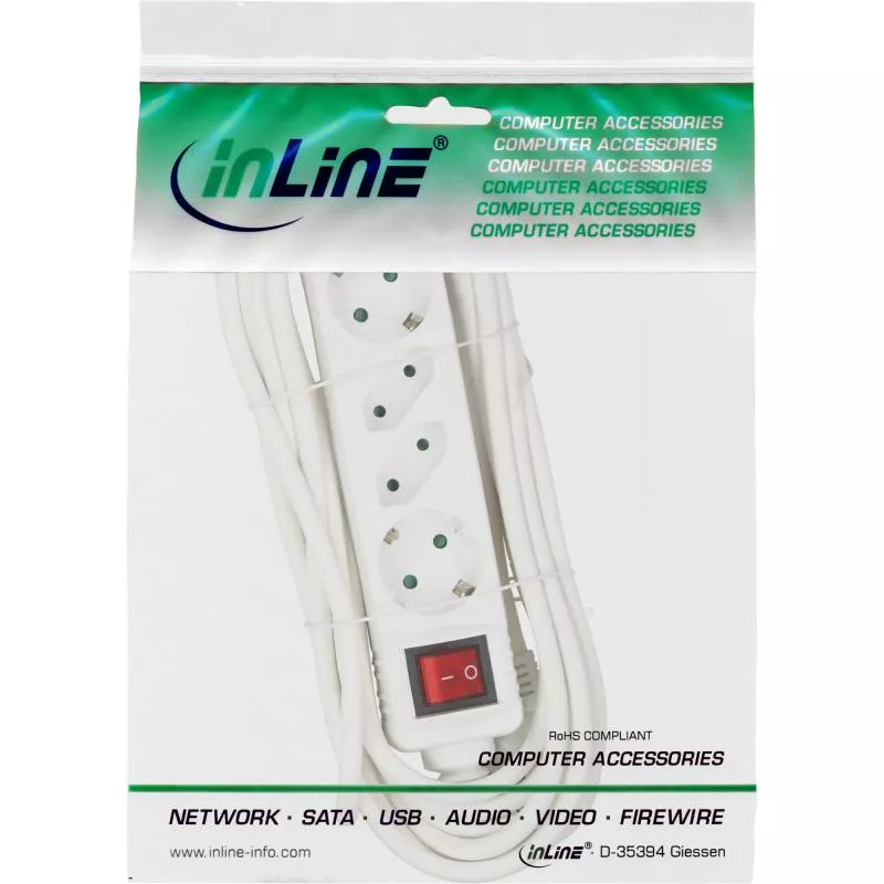 InLine® Steckdosenleiste 4-fach 2x Schutzkontakt + 2x Euro mit Schalter 1,5m weiß