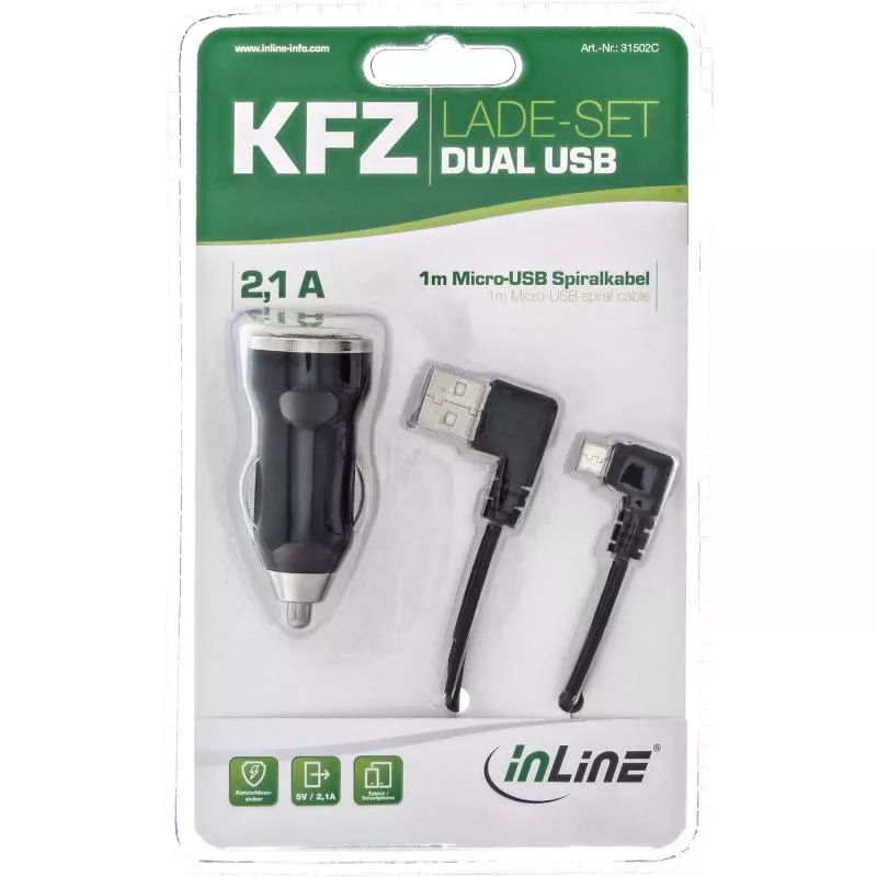 InLine® USB DUAL+ KFZ-Ladeset Stromadapter mit 1m Spiralkabel 12/24VDC zu 5V DC/2.1A InLine® USB DUAL+ KFZ-Ladeset Stromadapter mit 1m Spiralkabel 12/24VDC zu 5V DC/2.1A