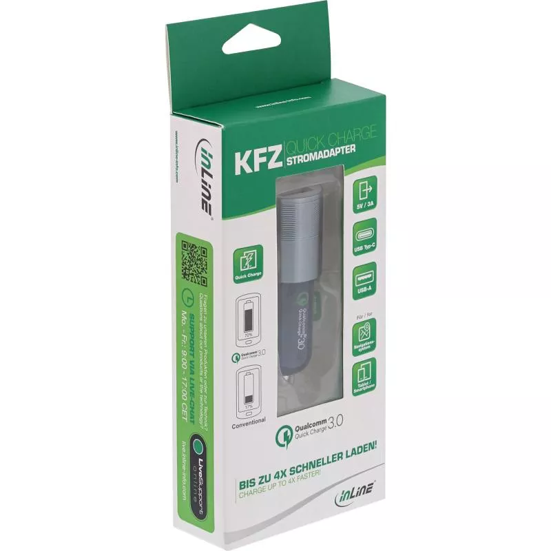 InLine® USB KFZ Ladegerät Stromadapter Quick Charge 3.0 12/24VDC zu 5V DC/3A USB-A + USB Typ-C schwarz