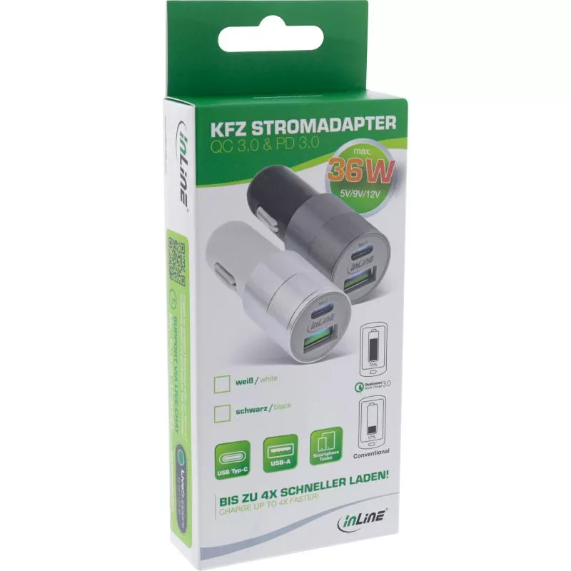 InLine® USB KFZ Ladegerät Stromadapter Quick Charge 3.0 12/24VDC zu 5V DC/3A USB-A + USB Typ-C schwarz InLine® USB KFZ Ladegerät Stromadapter Quick Charge 3.0 12/24VDC zu 5V DC/3A USB-A + USB Typ-C schwarz