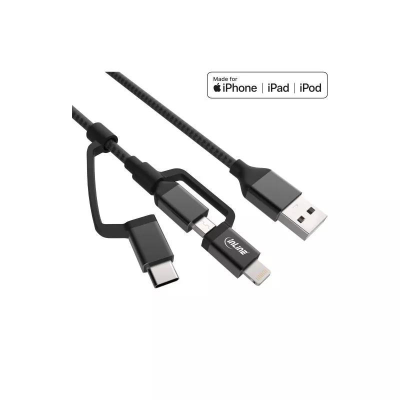 InLine® 3-in1 USB Kabel, Micro-USB/Lightning/USB-C, schwarz/Alu, 1,5m, MFi-zertifiziert