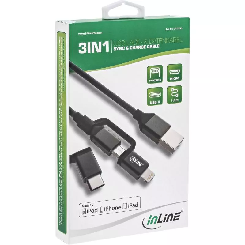 InLine® 3-in1 USB Kabel, Micro-USB/Lightning/USB-C, schwarz/Alu, 1,5m, MFi-zertifiziert
