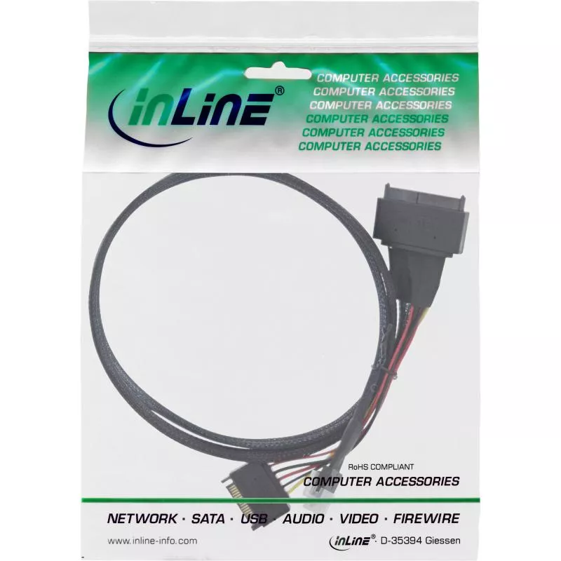 InLine® Slim SAS Kabel SFF-8654 zu U.2 SFF-8639 + SATA Strom 24Gb/s 0,5m