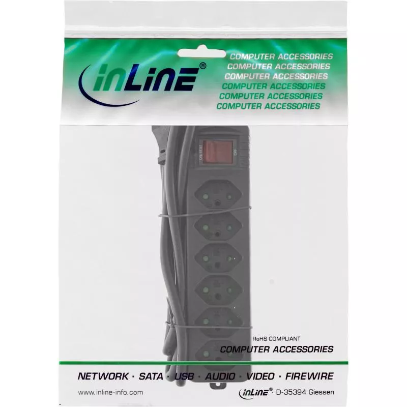 InLine® Steckdosenleiste SCHWEIZ 6-fach mit Schalter 1,5m schwarz