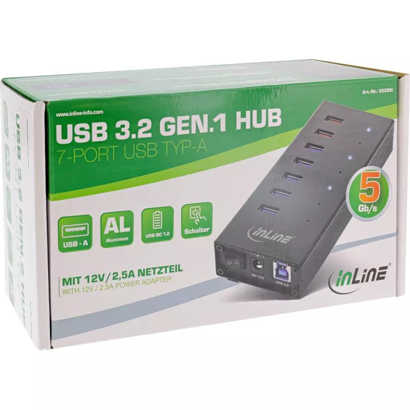InLine® USB 3.2 Gen.1 Hub 7 Port Aluminiumgehäuse schwarz mit 2,5A Netzteil