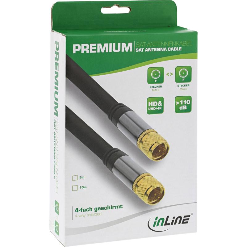 InLine® Premium SAT-Anschlusskabel 4x geschirmt 2x F-Stecker 110dB schwarz 10m