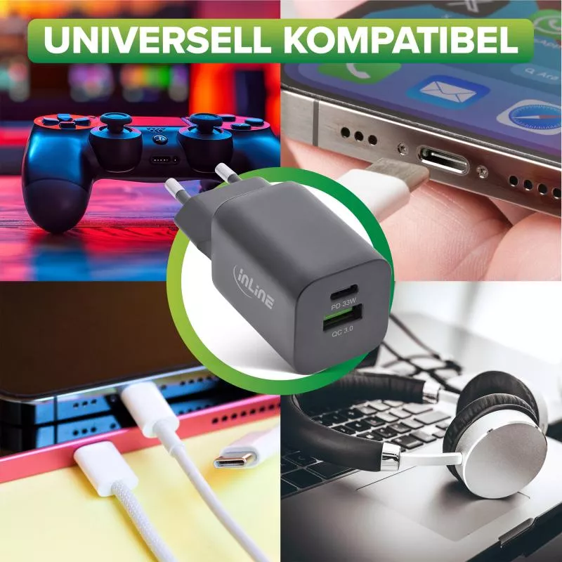 InLine® USB Netzteil Ladegerät USB-A + USB Typ-C 33W Power Delivery + Quick Charge schwarz InLine® USB Netzteil Ladegerät USB-A + USB Typ-C 33W Power Delivery + Quick Charge schwarz