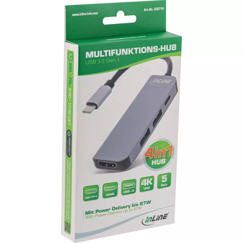 InLine® Multifunktions-Hub USB 3.2 Gen.1 2x USB-A 5Gb/s + HDMI 4K/30Hz + USB Typ-C PD 87W Aluminium grau