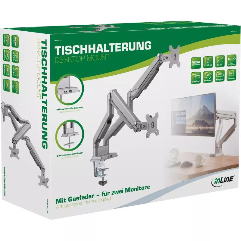 InLine® Tischhalterung mit Lifter und USB/Audio beweglich für zwei Monitore bis 81cm (32") max. 9kg InLine® Tischhalterung mit Lifter und USB/Audio beweglich für zwei Monitore bis 81cm (32") max. 9kg