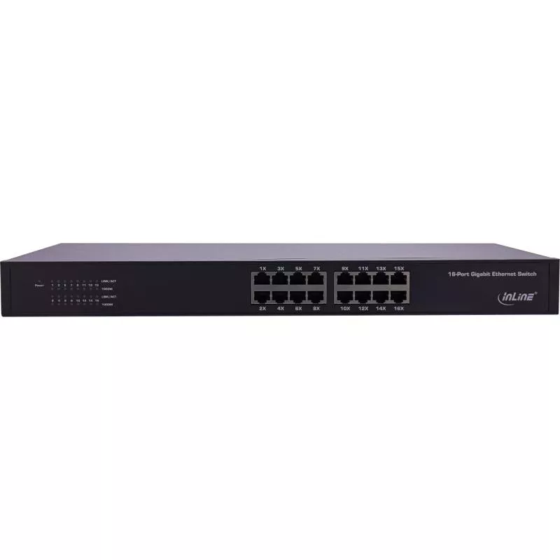 InLine® Gigabit Netzwerk Switch 16-Port, 1GBit/s, 48,26cm (19"), Metall, lüfterlos