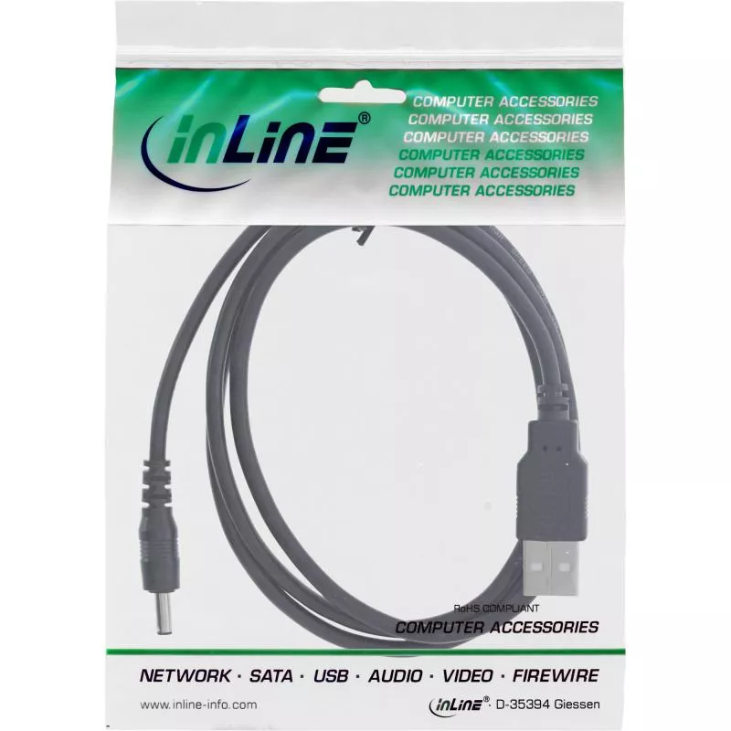 InLine® USB DC Stromadapterkabel USB A Stecker zu DC 5,5x2,50mm Hohlstecker schwarz 1m