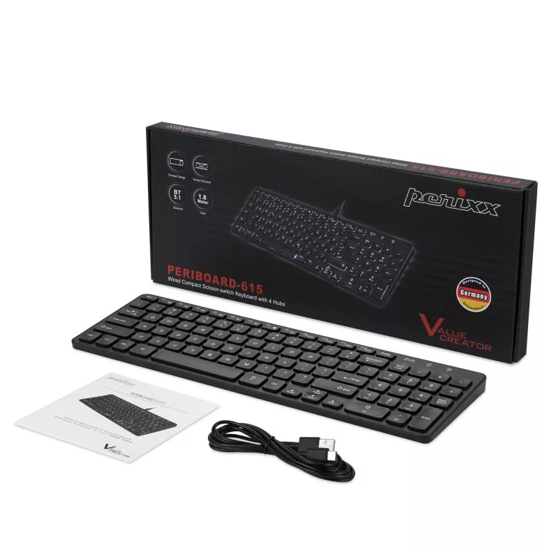 Perixx PERIBOARD-615 B Kabellose und kabelgebundene 3-in-1-Tastatur für mehrere Geräte Ultra Slim mit Scherentasten Integrierter Hub schwarz