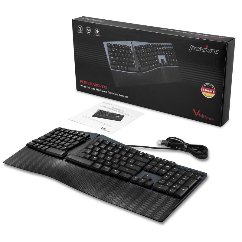 Perixx PERIBOARD-535 DE BR, Kabelgebundene ergonomische mechanische Tastatur - flache braune taktile Schalter