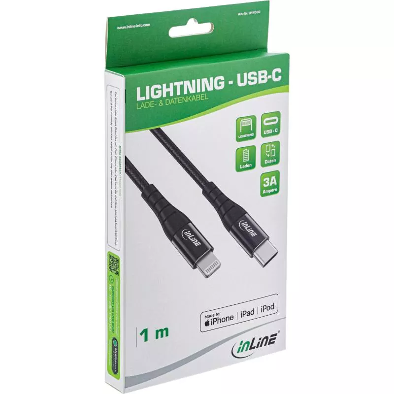 InLine® USB-C Lightning Kabel, für iPad, iPhone, iPod, schwarz/Alu, 2m MFi-zertifiziert