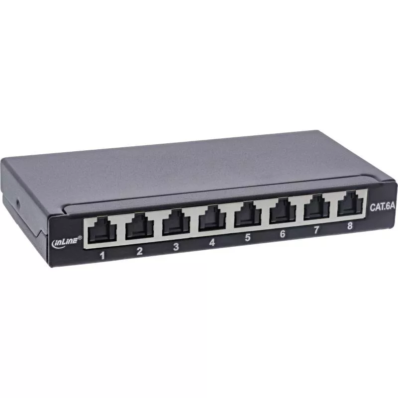 Patchpanel Cat.6A – 8-fach, 0,5HE, Tisch/Wand/Hutschiene, schwarz, mit Staubschutz