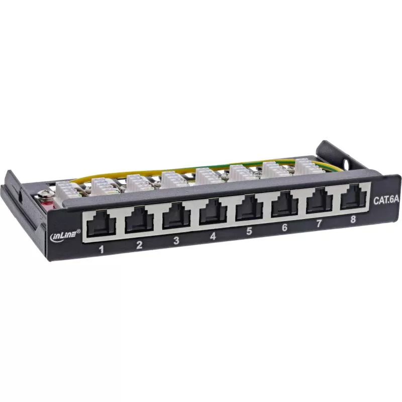 Patchpanel Cat.6A – 8-fach, 0,5HE, Tisch/Wand/Hutschiene, schwarz, mit Staubschutz