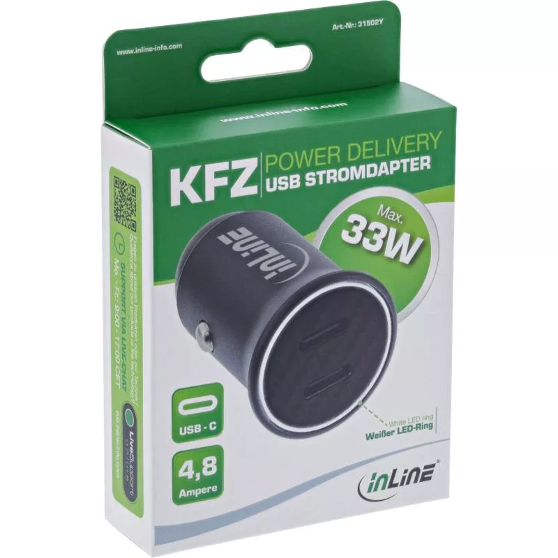 InLine® USB KFZ Stromadapter Power Delivery, 2x USB Typ-C, schwarz InLine® USB KFZ Stromadapter Power Delivery, 2x USB Typ-C, schwarz
