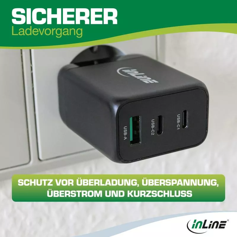 USB PD Netzteil – GaN Ladegerät, 3-Port (Dual USB-C + USB-A), 65W, schwarz USB PD Netzteil – GaN Ladegerät, 3-Port (Dual USB-C + USB-A), 65W, schwarz