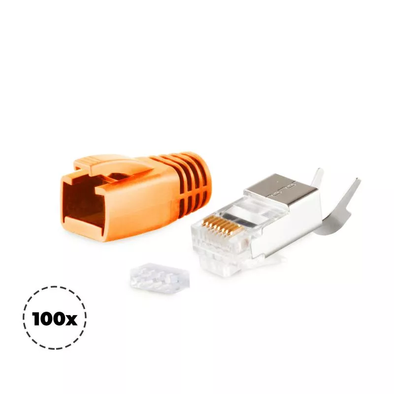 RJ45 Crimpstecker Verlegekabel AWG 23 – geschirmt – 100er Set Orange (Cat.5–Cat.7) RJ45 Crimpstecker Verlegekabel AWG 23 – geschirmt – 100er Set Orange (Cat.5–Cat.7)