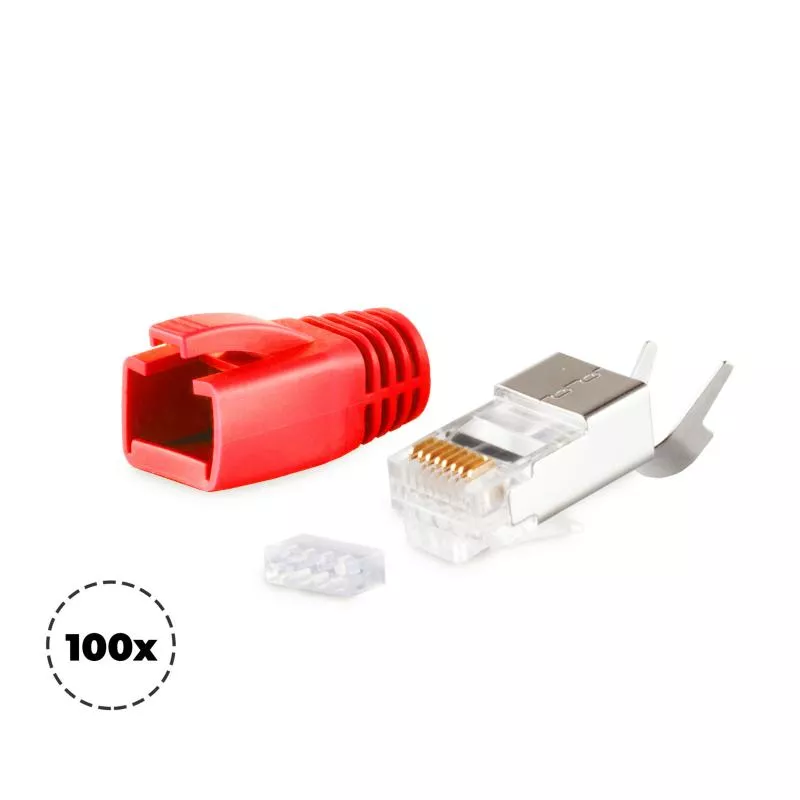 RJ45 Crimpstecker Verlegekabel AWG 23 – geschirmt – 100er Set Rot (Cat.5–Cat.7) RJ45 Crimpstecker Verlegekabel AWG 23 – geschirmt – 100er Set Rot (Cat.5–Cat.7)