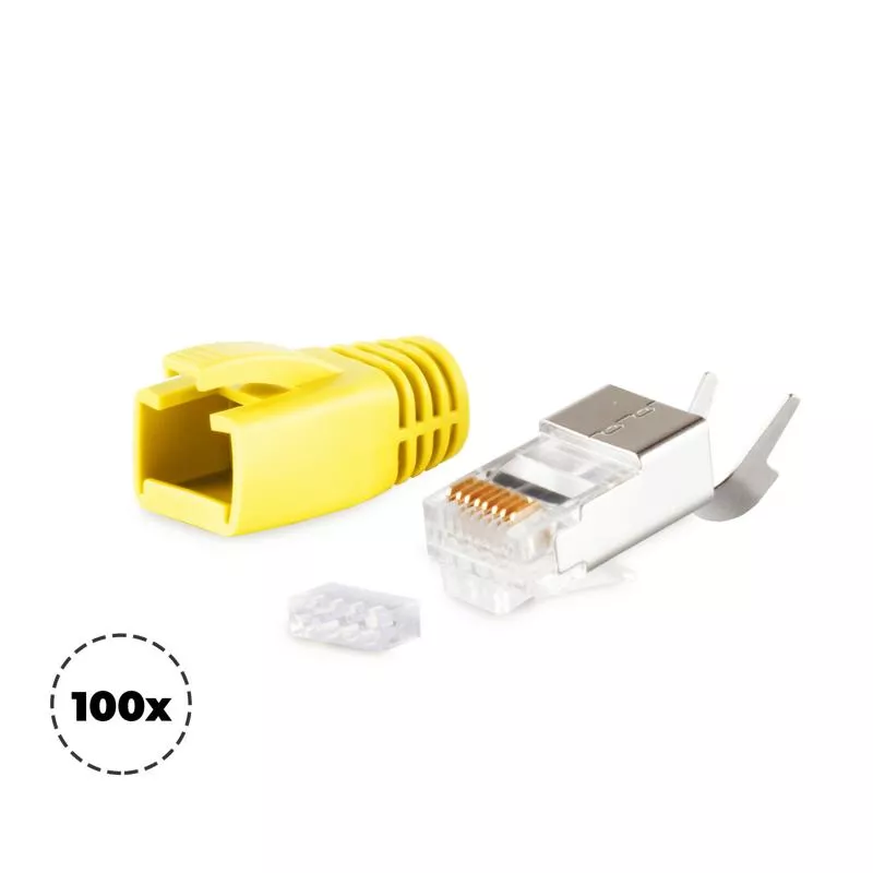 RJ45 Crimpstecker Verlegekabel AWG 23 – geschirmt – 100er Set Gelb (Cat.5–Cat.7) RJ45 Crimpstecker Verlegekabel AWG 23 – geschirmt – 100er Set Gelb (Cat.5–Cat.7)