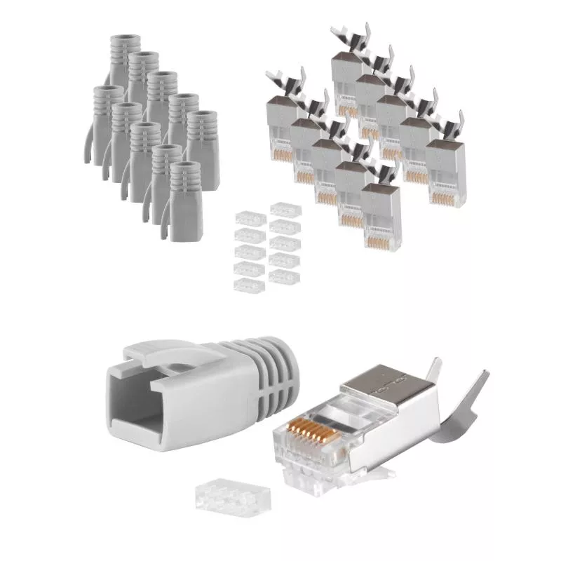 RJ45 Crimpstecker Verlegekabel AWG 23 – geschirmt – 10er Set Grau (Cat.5–Cat.7)