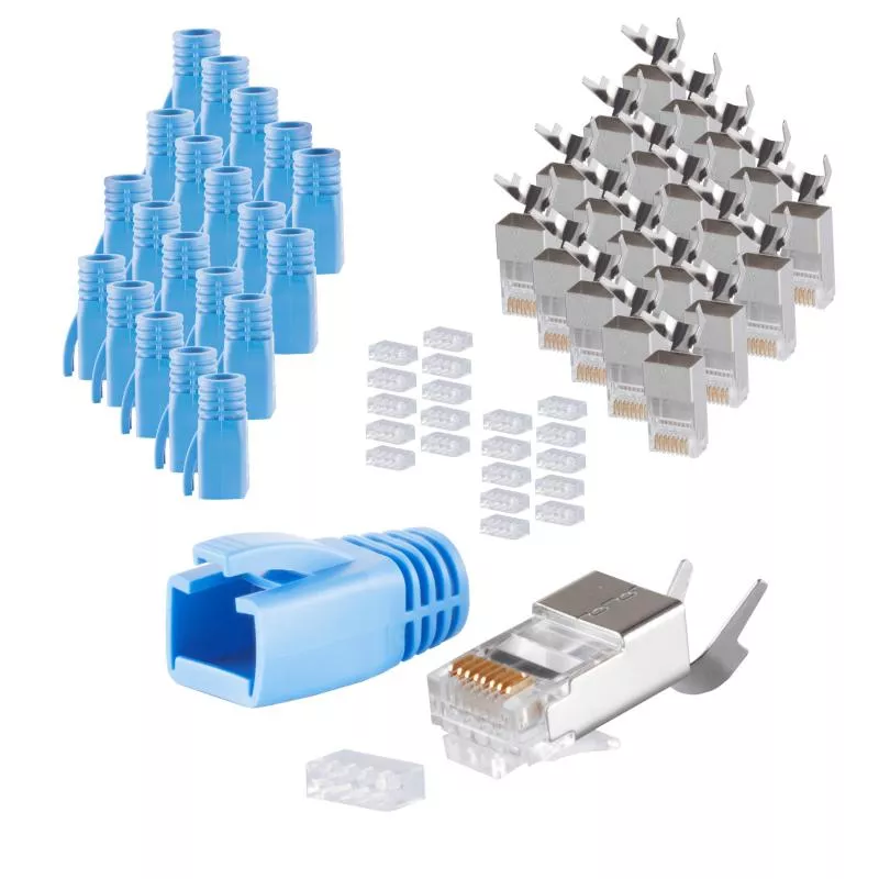 RJ45 Crimpstecker Verlegekabel AWG 23 – geschirmt – 20er Set Blau (Cat.5–Cat.7)