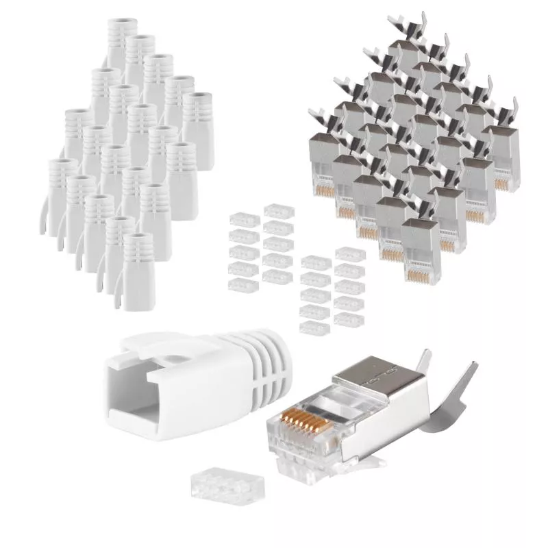 RJ45 Crimpstecker Verlegekabel AWG 23 – geschirmt – 20er Set Weiß (Cat.5–Cat.7)