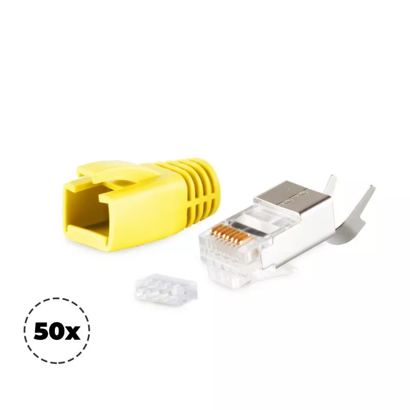RJ45 Crimpstecker Verlegekabel AWG 23 – geschirmt – 50er Set Gelb (Cat.5–Cat.7) RJ45 Crimpstecker Verlegekabel AWG 23 – geschirmt – 50er Set Gelb (Cat.5–Cat.7)