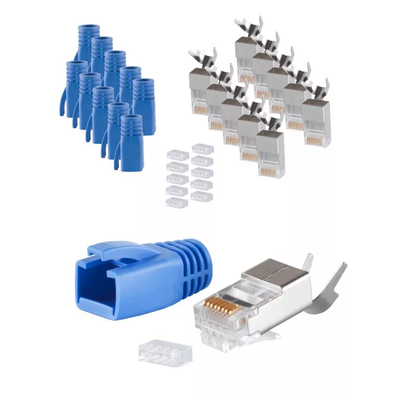 RJ45 Crimpstecker Verlegekabel AWG 23 – geschirmt – 10er Set Blau (Cat.5–Cat.7)