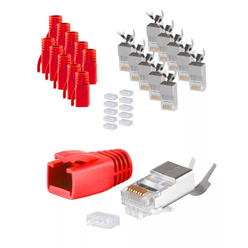 RJ45 Crimpstecker Verlegekabel AWG 23 – geschirmt – 10er Set Rot (Cat.5–Cat.7)