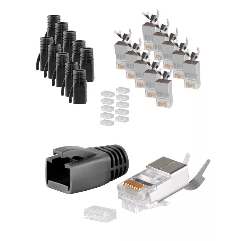RJ45 Crimpstecker Verlegekabel AWG 23 – geschirmt – 10er Set Schwarz (Cat.5–Cat.7)