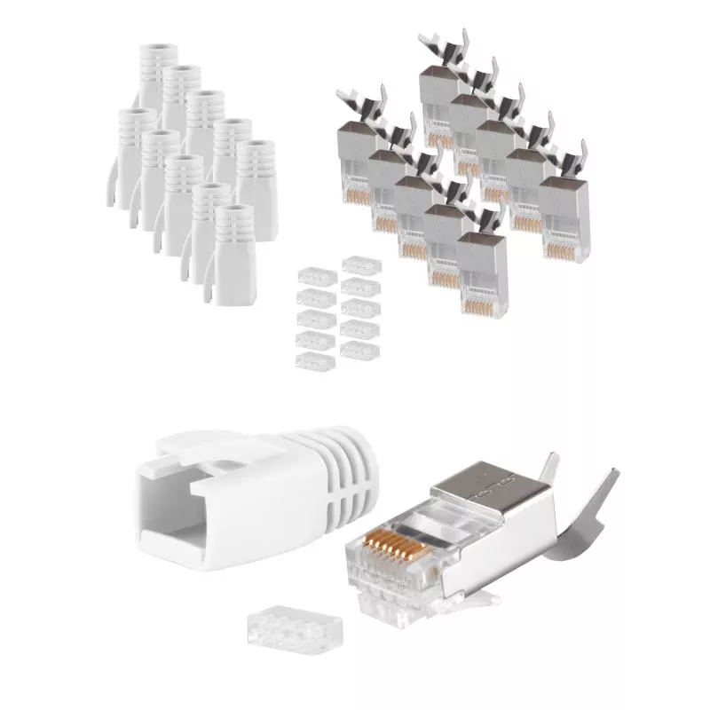 RJ45 Crimpstecker Verlegekabel AWG 23 – geschirmt – 10er Set Weiß (Cat.5–Cat.7)