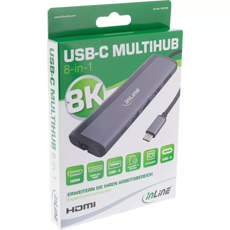 InLine® 8-in-1 USB-C Multihub Dockingstation, HDMI, DisplayPort, USB 3.2, PD 3.0 100W, MST