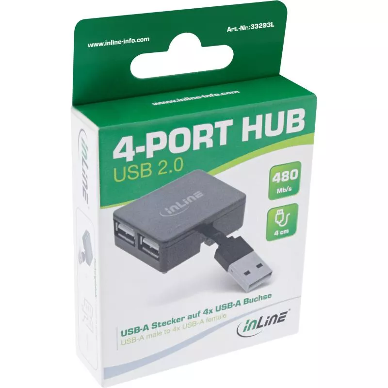 InLine® USB 2.0 Hub, 4 Port, schwarz, Kabel 30cm, schmale Bauform