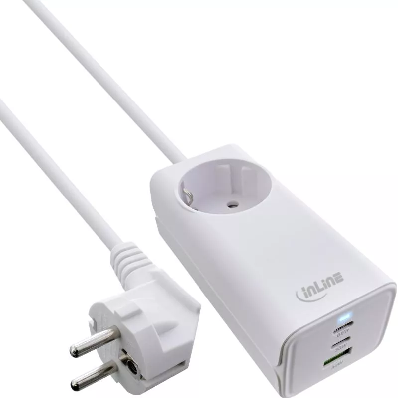 InLine® USB Netzteil, 65W Ladegerät, 2x USB-C + 1x USB-A, mit Schutzkontaktbuchse und 1,5m Kabel, PD3.0 PPS GaN, weiß