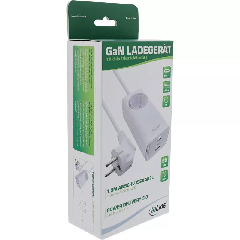 InLine® USB Netzteil, 65W Ladegerät, 2x USB-C + 1x USB-A, mit Schutzkontaktbuchse und 1,5m Kabel, PD3.0 PPS GaN, weiß